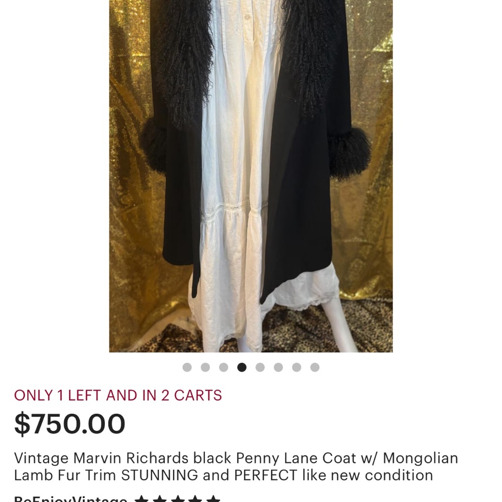 Vintage Marvin Richard’s black penny lane coat  with  Mongolian lamb! Nwts - Picture 9 of 10